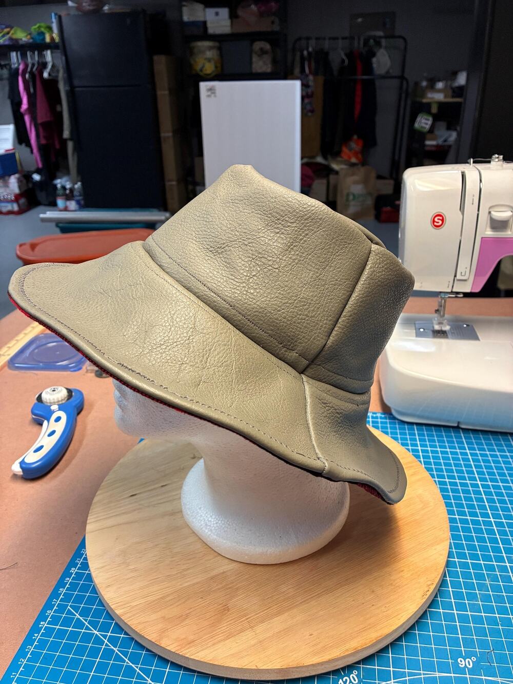 The Gray — Upcycled Top Grain Leather Bucket Hat, Size Large 23"